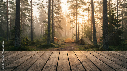 Peaceful Sunrise Forest Campsite with Tents in Golden Dawn Light