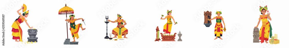 Fototapeta premium Collection of flat illustrations depicting traditional Balinese characters, dancers, and cultural elements in vibrant attire on a white background.