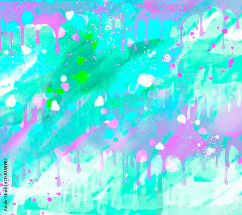 Beautiful splashes and drips of pink, teal and white watercolor paint digitally hand painted background.