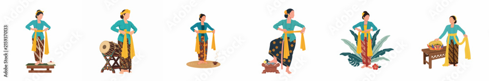 Fototapeta premium Illustrations of Indonesian women in traditional Javanese kebaya and batik, performing cultural dances and playing musical instruments on a white background.