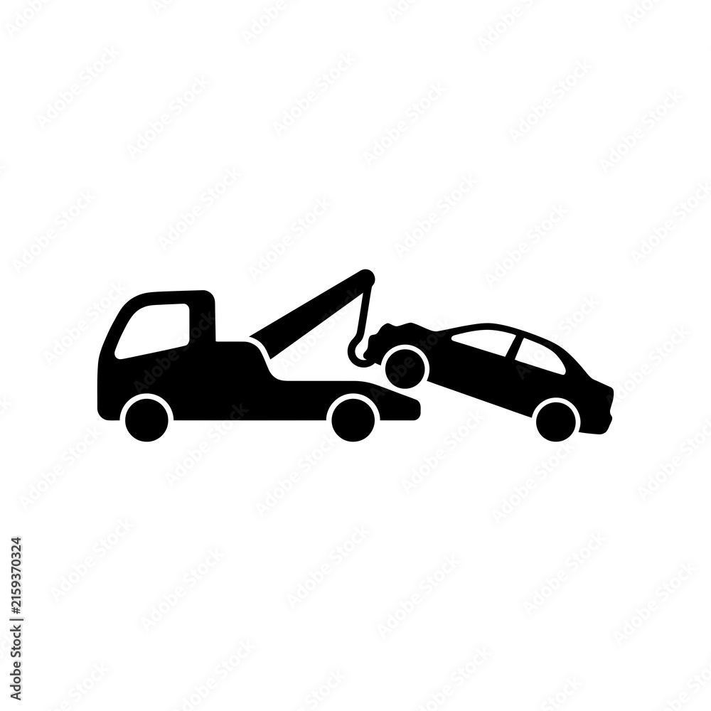 Naklejka premium Black tow truck silhouette hauling damaged sedan car to repair shop.