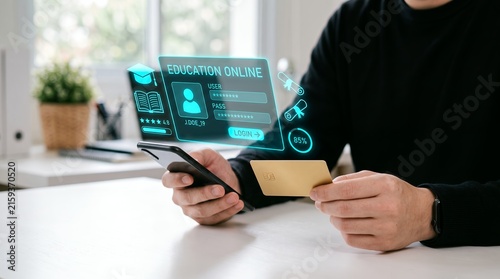 A person holding a smartphone and a credit card while interacting with glowing educational holograms representing online learning classes user profile management systems and virtual security