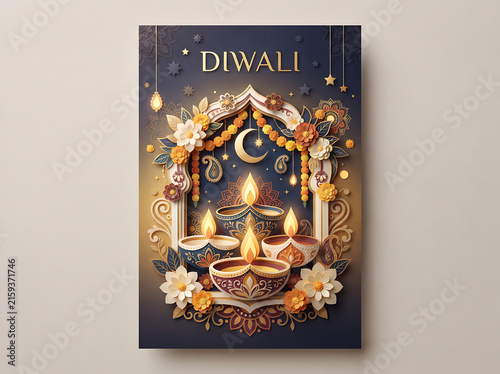 Elegant Diwali paper cut illustration with diya and floral decorations