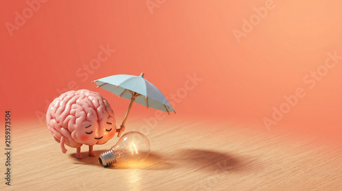 Brain Character Protecting Lightbulb Idea with Small Umbrella