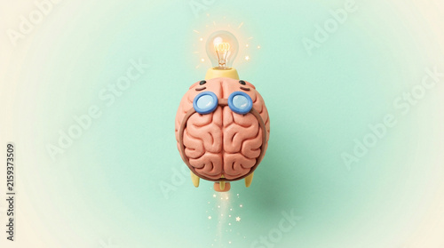 Brain Character Flying with Rocket Symbolizing Creative Innovation