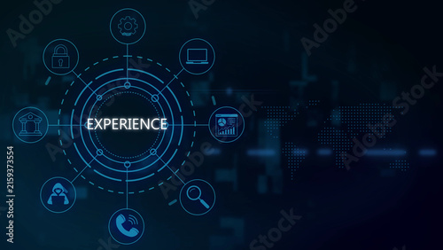 Experience concept displayed as a digital interface with glowing blue circular network lines, and a dark background, featuring a subtle, map, representing user, interaction and engagement