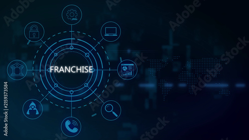 Franchise concept displayed as a digital interface with glowing blue circular network lines, and a dark background, featuring a subtle, map, representing business, expansion and growth