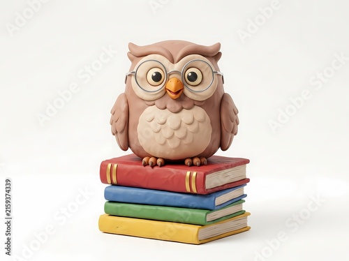 3D Illustration of Cute Owl Wearing Glasses Sitting on a Stack of Colorful Books for Education and Wisdom Concept on White Background