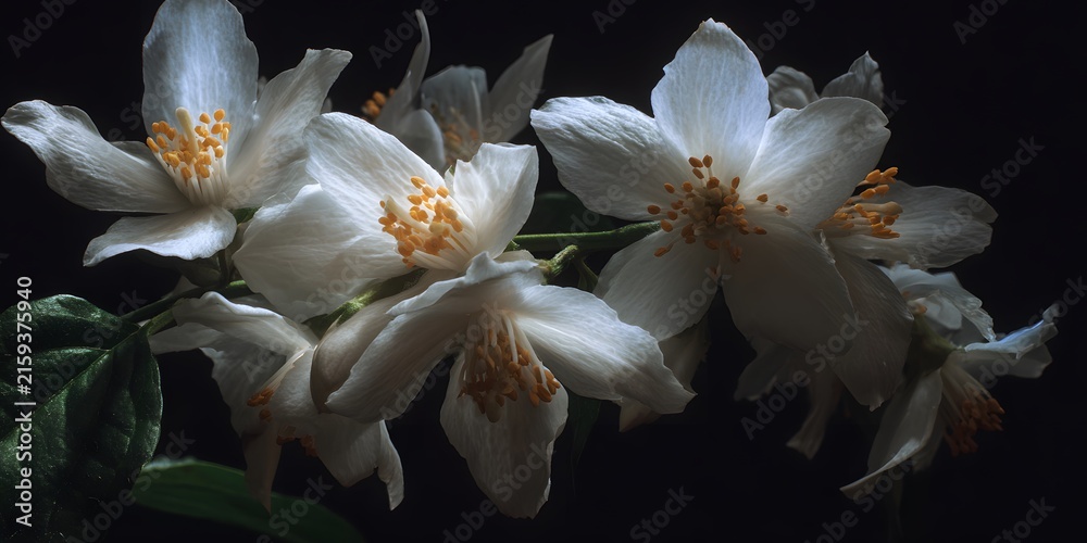 Fototapeta premium Delicate white flowers with bright yellow stamens bloom against a dark background.