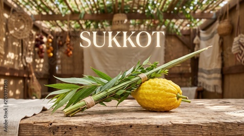 Lulav and etrog resting on a rustic wooden table inside a sukkah with woven bamboo roof and hanging decorations for the jewish holiday of sukkot