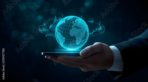 Holographic globe projected from smartphone symbolizing global digital technology.
