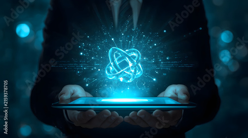 Abstract Blue Digital Network and Data Glowing Hologram Over Business Person Hand Representing Technology