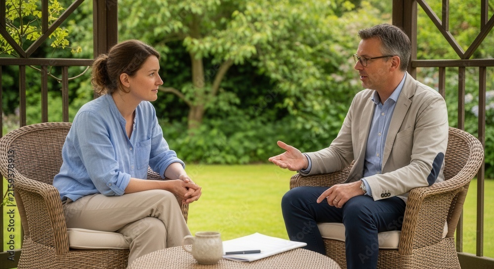 Fototapeta premium Therapist and client discussing problems during a counseling session outdoors in a serene garden setting, fostering trust and open communication.