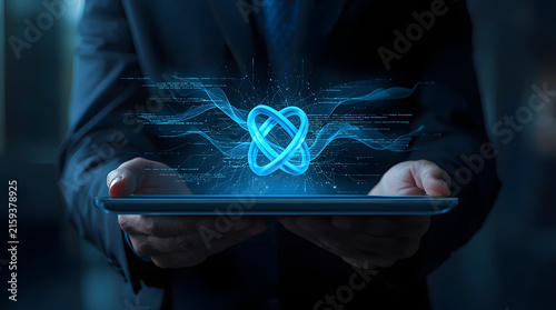 Professional using a digital tablet to showcase an abstract glowing holographic 3D science energy structure for advanced technological research