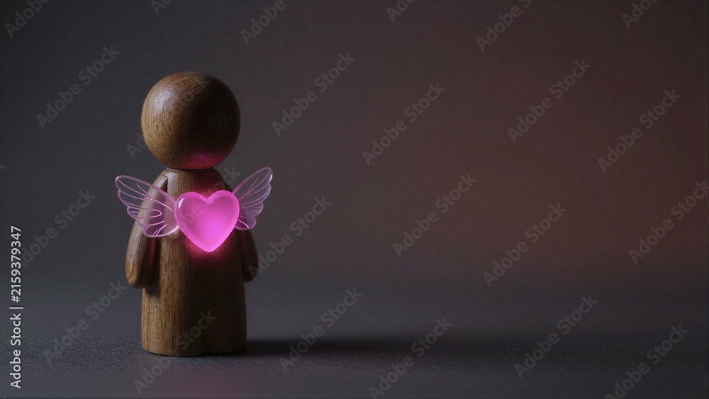 Fototapeta premium Wooden angel with glowing pink heart and delicate wings, standing alone on dark surface.