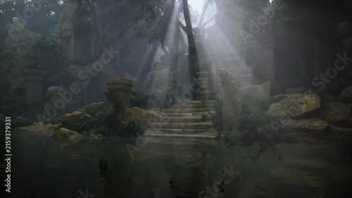 Misty stone stair ascent framed by ruined columns, shafts of light, damp moss carpets, still water reflecting stair silhouette, evocative mood for exploration