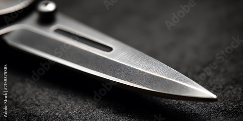 Close up view of a sharp metal knife blade resting on dark surface