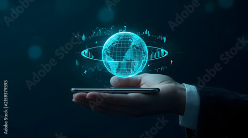 Businessman holding futuristic digital tablet showing glowing blue hologram of quantum knot