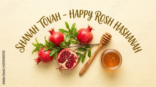 Rosh hashanah greeting with red pomegranate fruits green leaves and a wooden honey dipper beside a small glass jar of golden honey on a textured beige background with brown handwritten text
