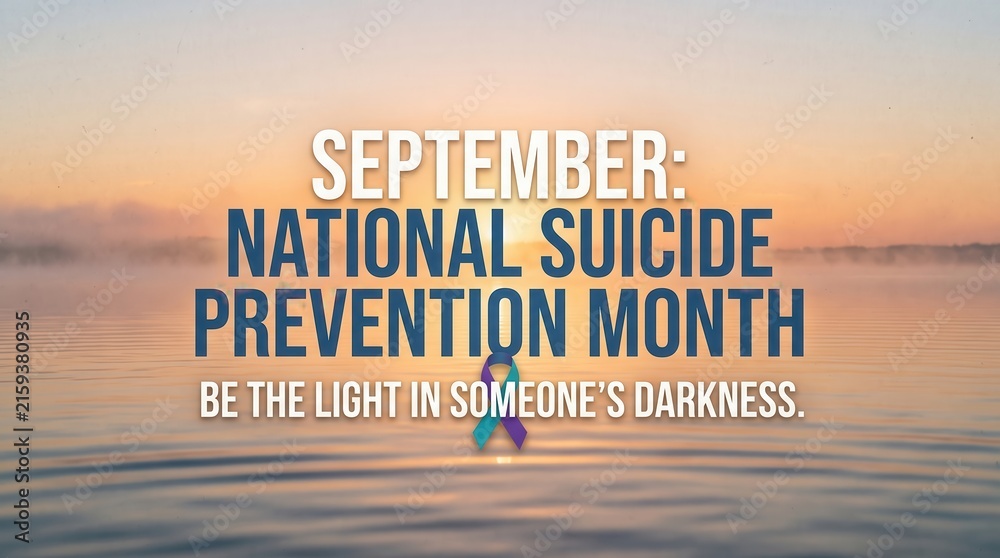Fototapeta premium September national suicide prevention month awareness with teal and purple ribbon over a calm lake at sunrise with text overlay