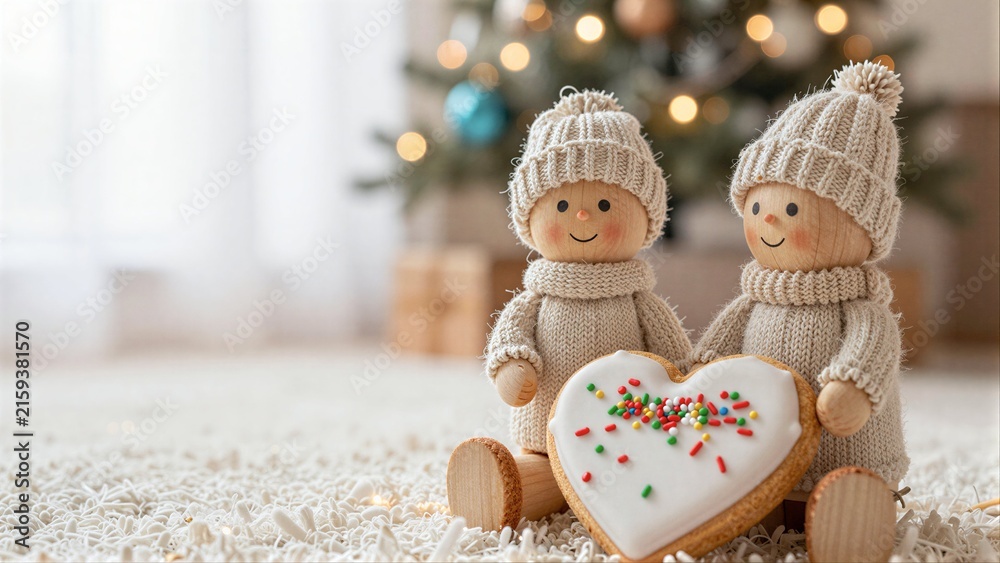 Fototapeta premium Two wooden dolls in knitwear hold a heart-shaped cookie, festive Christmas scene.