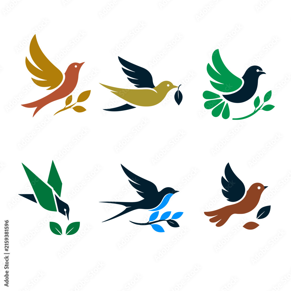 Fototapeta premium Collection of six colorful stylized bird illustrations featuring flying and perched birds with leaves and branches. Clean modern vector-style designs suitable for nature logos, bird