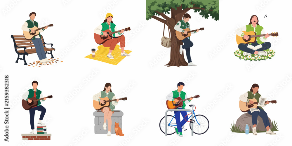 Fototapeta premium Collection of flat vector illustrations of young people playing acoustic guitars in various outdoor and casual settings, featuring a green and white varsity theme.