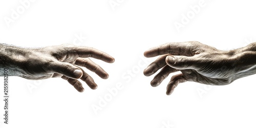 Two realistic human hands reach toward each other against a clean white background.