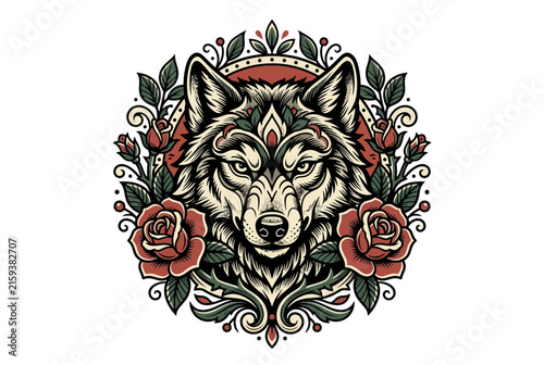 Tribal Wolf Head with Roses and Ornate Border