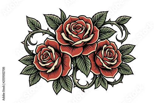 Traditional Tattoo Style Red Roses with Leaves and Thorns