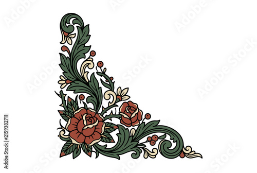 Ornate Floral Corner Design with Roses and Leaves