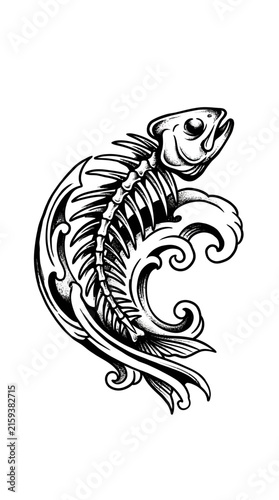 Ornate Fish Skeleton Design with Swirls Isolated