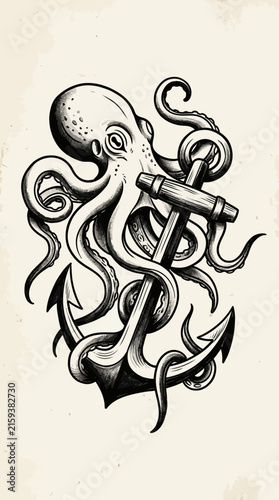 Octopus Wrapped Around Nautical Anchor Illustration