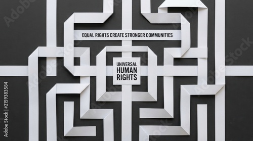 Interconnected white paper strips forming a complex labyrinth with universal human rights and equal rights create stronger communities text, ideal for social justice advocacy and awareness