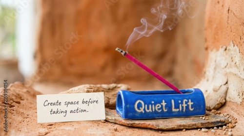 Pink incense stick smoldering in a blue ceramic holder alongside a motivational card with text about creating space before action, set against a rustic clay background for meditation and tranquil mood