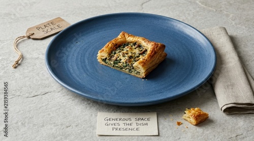 Savory spinach and mushroom puff pastry tart served on a large blue ceramic plate placed on a textured stone surface with a linen napkin and wooden tag highlighting plating scale and presence on table