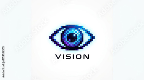 Pixelated blue eye logo symbol for digital vision.
