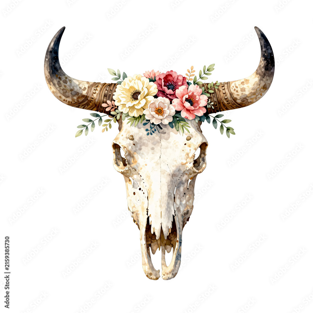 Fototapeta premium Watercolor bull skull adorned with colorful flowers and green leaves