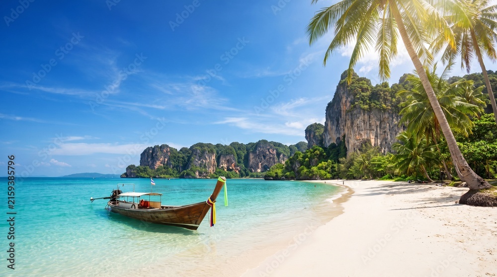 Obraz premium Traditional wooden longtail boat anchored on a pristine tropical beach in Thailand.