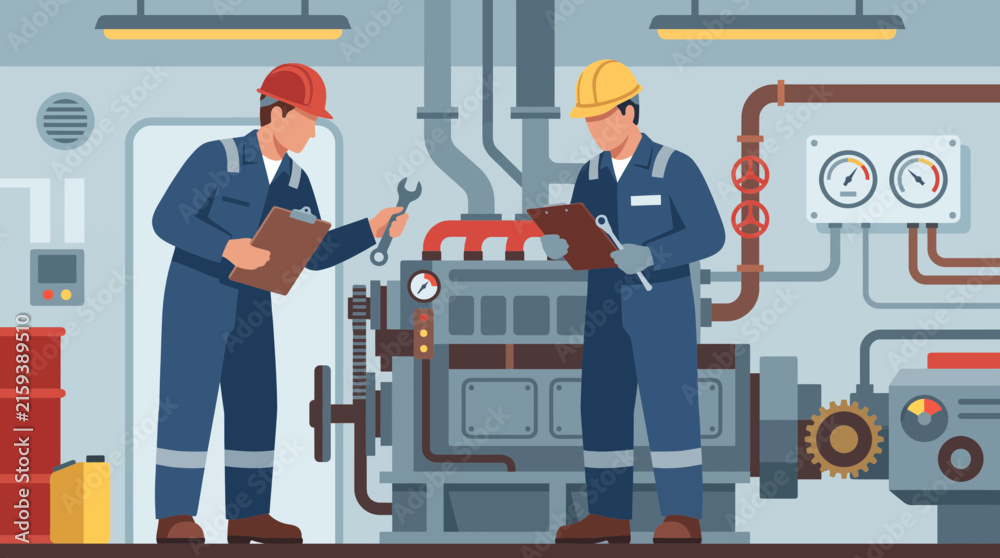 Fototapeta premium Marine Engineer Inspecting Ship Engine Room Machinery