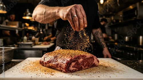 Professional chef hand sprinkling salt and spices over a large fresh raw beef steak on a white cutting board in a dark commercial kitchen atmosphere, showcasing culinary expertise and food prep arts.