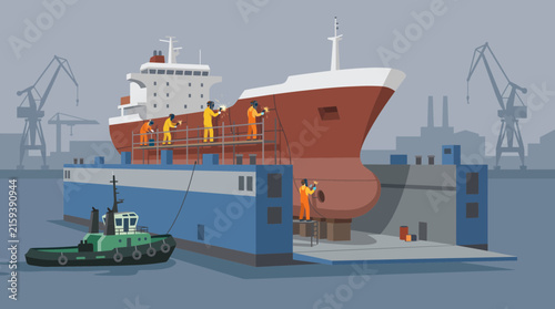 Cuadro en lienzo Floating Dry Dock with Ship Hull Repair Scene Illustration
