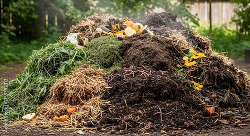 A large pile of organic compost consisting of garden waste and food scraps