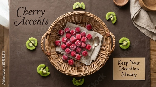 Frozen red cherry juice cubes rest inside a rustic wicker basket on a brown linen surface surrounded by sliced green kiwi fruits and motivational text cards creating a cozy kitchen atmosphere visuals.