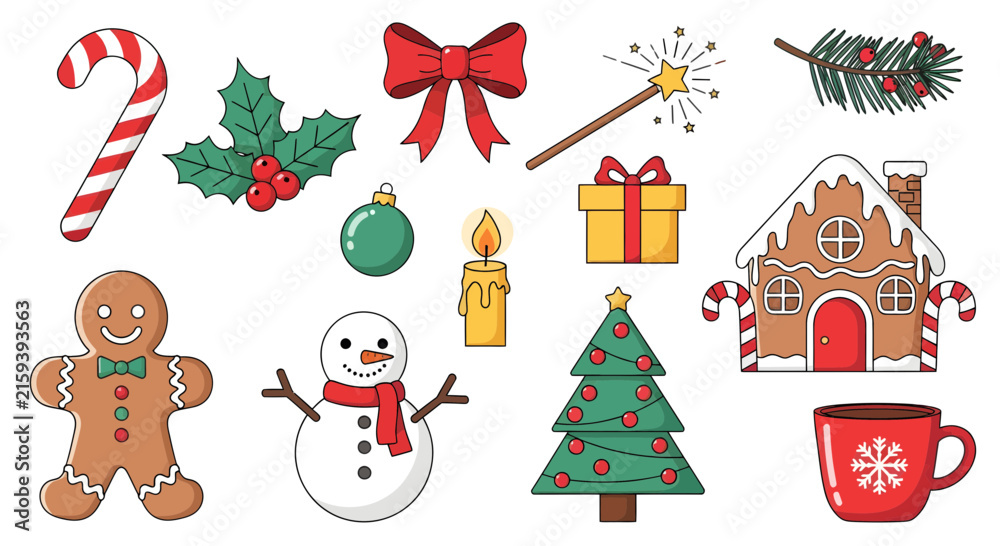 Fototapeta premium Festive Christmas Icons Including Snowman, Gingerbread, Tree, Church, Stocking, Gift, and Mugs.