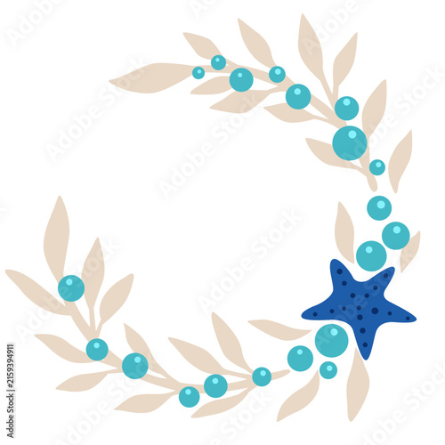 Coastal Christmas Wreath with Beige Leaves, Teal Bubbles, and Blue Starfish for Summer Holiday, Summer Christmas and coastal concept.