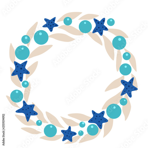 Coastal Christmas Wreath with Beige Leaves, Teal Bubbles, and Blue Starfish for Summer Holiday, Summer Christmas and coastal concept.