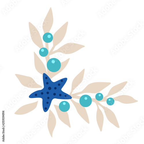 Coastal Christmas Corner with Beige Leaves, Teal Bubbles, and Blue Starfish for Summer Holiday, Summer Christmas and coastal concept.