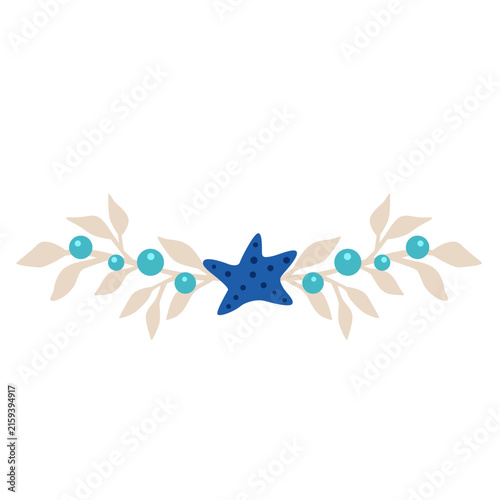 Coastal Christmas garland with Beige Leaves, Teal Bubbles, and Blue Starfish for Summer Holiday, Summer Christmas and coastal concept.