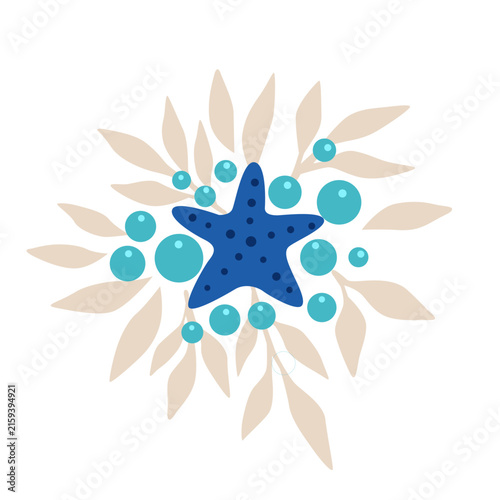 Coastal Christmas bouquet with Beige Leaves, Teal Bubbles, and Blue Starfish for Summer Holiday, Summer Christmas and coastal concept.
